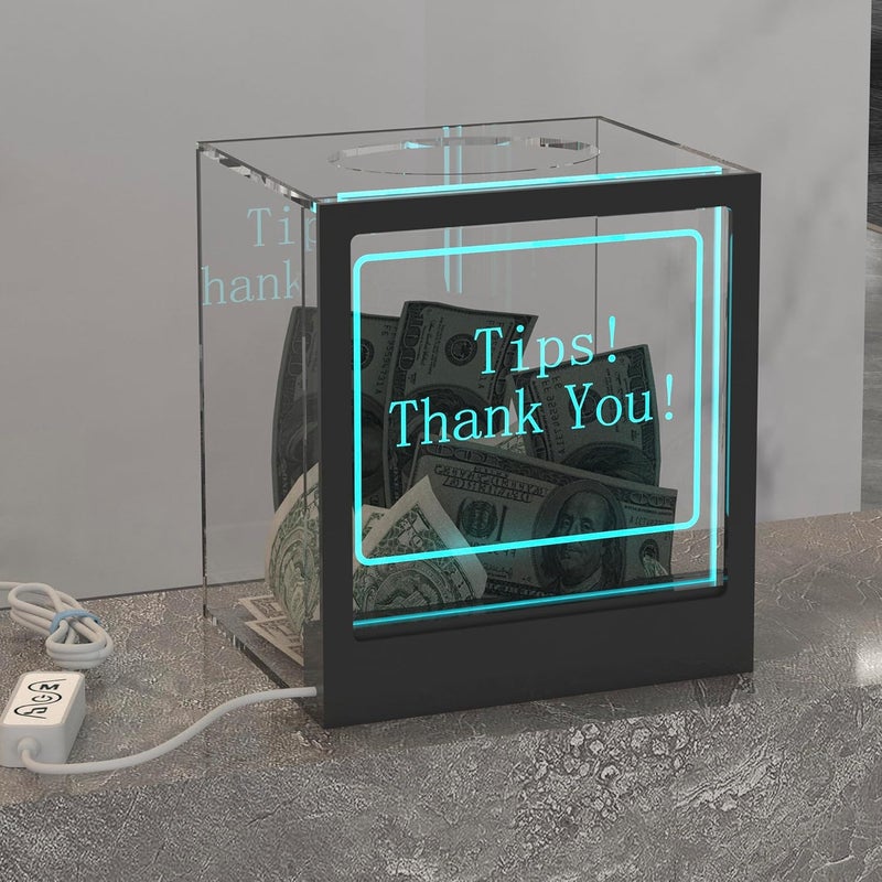 HEMYLU Light Up Tip Jar with Large Opening, RGB LED Lights for Tip Collection & Donations, Customizable Message Slide for Money, Voting, and Ballots, Perfect for Events, Restaurants, and Fundraisers - Image 1